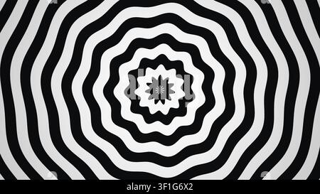 Questo design presenta una serie di strisce nere e bianche alternate che formano un motivo a spirale. Il design concentrico attira l'occhio verso il centro. Foto Stock