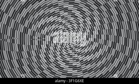 Questa opera d'arte presenta una disposizione a spirale di forme quadrate in bianco e nero. Il design crea un motivo intricato che attira l'attenzione sul suo de Foto Stock