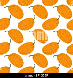 Motivo estivo minimalista senza cuciture caratterizzato da cantaline gialle mature intere e affettate su uno sfondo bianco pulito. Illustrazione della frutta fresca biologica nella Illustrazione Vettoriale