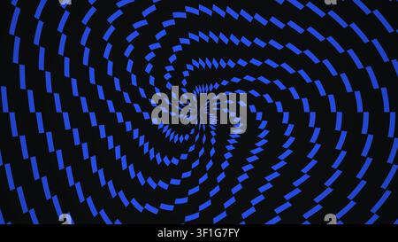 Un motivo a spirale composto da forme blu su uno sfondo nero crea un effetto visivo sorprendente. Il design presenta forme alternate per aumentare il contrasto. Foto Stock
