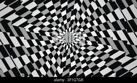 Un motivo a spirale geometrico in bianco e nero crea un effetto visivamente suggestivo. Il design presenta quadrati alternati disposti in un layout a spirale wit Foto Stock