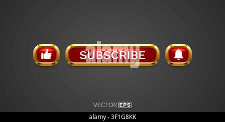 Set di pulsanti di abbonamento premium rossi e oro per contenuti online, inclusi icone di like e campanella. Illustrazione vettoriale Illustrazione Vettoriale