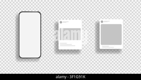 Mockup moderno di smartphone con carte di post sui social media isolate su sfondo trasparente. Modello di presentazione di app mobile con ombre realistiche. Illustrazione Vettoriale