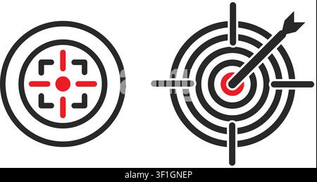 Un set di due icone con un mirino circolare e una scheggia con una freccia al centro, che rappresentano obiettivi, concentrazione e precisione. Illustrazione Vettoriale