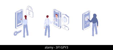 Protezione del telefono dagli hacker. Vettore isometrico. Ottimo per poster sulla cybersecurity, blog sulla privacy o banner per dispositivi sicuri. Illustrazione Vettoriale