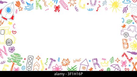 Linee scarabocchiate giocose e forme semplici creano un aspetto carino. Cornice per bambini con pastelli per il design per bambini, diplomi e decorazione di foto. Illustrazione Vettoriale