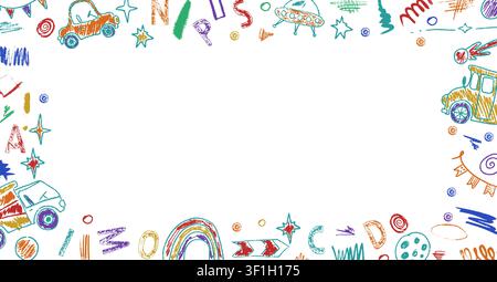 Linee di scarabocchi morbide e colorate ispirate ai disegni dei bambini. Cornice per asilo con pastelli per biglietti per bambini, premi scolastici e sfondi giocosi. Illustrazione Vettoriale