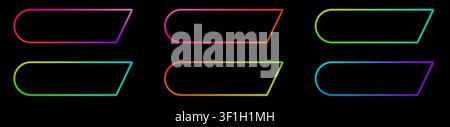 Pulsanti neon moderni in rosa, giallo, blu e verde con contorno luminoso e ombra morbida. Set UI pulito per banner di chiamata all'azione neon, icone di negozio, websi Illustrazione Vettoriale