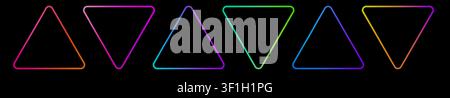 Pulsanti a triangolo luminosi in blu, viola, verde e rosso con bordo luminoso e lucentezza sfumata liscia. Perfetto per grafiche di chiamata d'azione al neon, negozio la Illustrazione Vettoriale