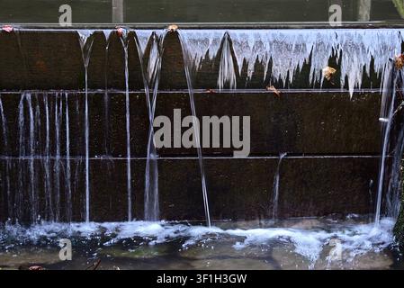 L'acqua cade a cascata in ruscelli setosi su una diga di legno in autunno. Foto Stock