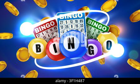Progettazione di gioco di bingo con palline colorate e monete jackpot per la promozione del casinò e la lotteria. Illustrazione vettoriale Illustrazione Vettoriale