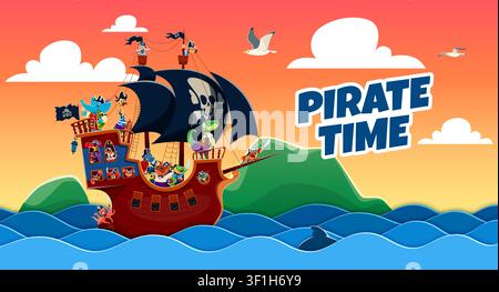 Bandiera pirata in carta con nave a vela e equipaggio di corsari animali a bordo di una nave pirata che naviga verso un'isola tropicale. Polpo carino in cartone animato, coccodrillo, elefante, giraffa e granchio in un'avventura nautica Illustrazione Vettoriale