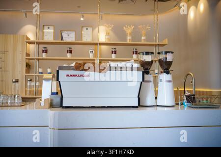 Un bancone da caffetteria con una macchina per l'espresso e un macinacaffè. Foto Stock