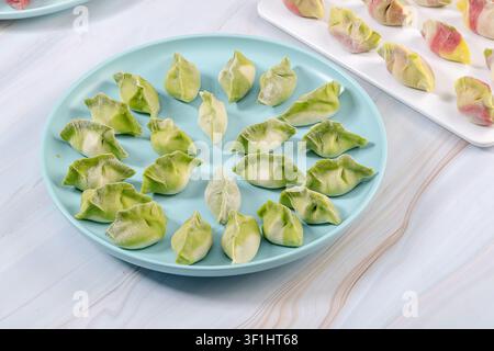 Dumplings di verdure colorati crudi e freschi su piatti, Jiaozi cinesi congelati Foto Stock