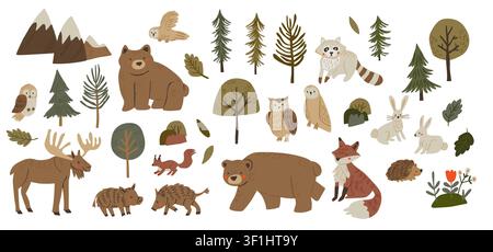 Set mega di clipart animali del bosco con orsi, volpi, cervi, cinghiali, scoiattoli, procioni, gufi, ricci, conigli bianchi, pini, montagne, arbusti, fiori e fogliame forestale in calde tonalità terrose. Una deliziosa collezione di elementi boschivi disegnati a mano per decorazioni per camerette, adesivi, inviti, materiali didattici, arte murale, design per tessuti e progetti creativi per bambini. Illustrazione Vettoriale