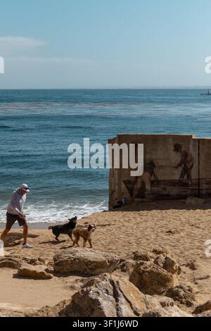 Monterey, California – 28 giugno 2026: Uomo che cammina con due cani davanti a un murale sulla spiaggia Foto Stock