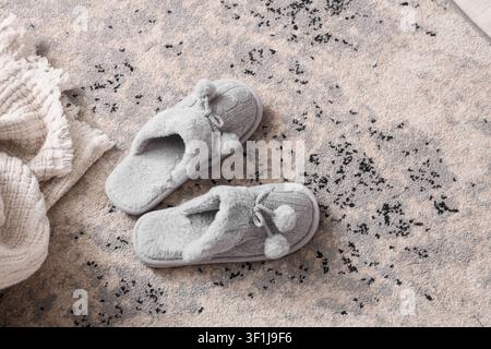 Coppia di pantofole grigie accoglienti e soffici con pom-pom su un tappeto texture accanto a una coperta morbida, comfort e relax, l'immagine trasmette un senso di calore e cupola Foto Stock