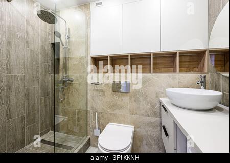 bagno moderno con doccia vetrata, lavabo elegante e toilette. Piastrelle neutre e dettagli in legno creano un'estetica pulita Foto Stock