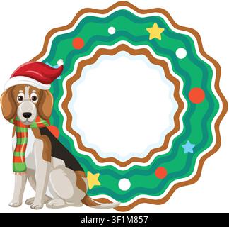 Illustrazione vettoriale di un beagle in abbigliamento da vacanza accanto a una cornice decorativa circolare. Illustrazione Vettoriale
