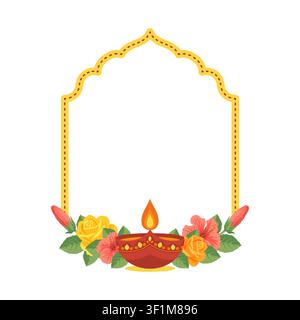 Cornice vettoriale per il festival Diwali. Bordo a forma di arco decorato con lampada Diya in argilla accesa, rose gialle e fiori di ibisco rossi. Modello di invito elegante isolato su sfondo bianco. Illustrazione Vettoriale