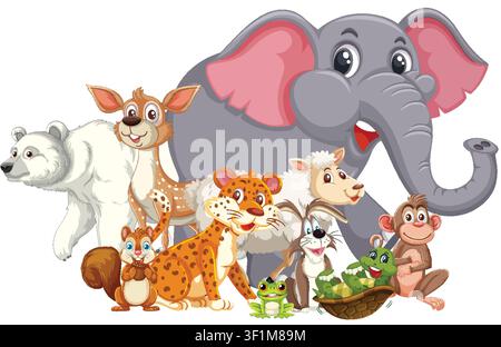 Animali colorati del cartone animato vettoriale inclusi elefante, orso, cervo, scimmia, rana e altri insieme Illustrazione Vettoriale
