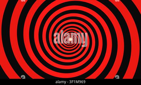 Questa opera d'arte presenta uno schema di cerchi concentrici rossi e neri che creano un effetto spirale ipnotico. Il design attira lo spettatore in un visu vivace Foto Stock