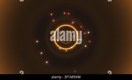 Una serie di cerchi concentrici con piccoli punti luminosi è visualizzata su uno sfondo scuro. Gli elementi luminosi creano un effetto visivo sorprendente, id Foto Stock