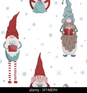 Gnomi natalizi scandinavi carini con preset motivo senza cuciture. Elfi carini e neve motivo senza cuciture. Illustrazione vettoriale in stile cartone animato Illustrazione Vettoriale