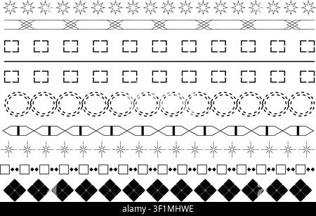 Set di clipart con motivi geometrici di bordi con stelle, quadrati, cerchi, diamanti, linea divisoria stampabile, arte per lavore artigianali, fogli di lavoro, scrapbook, download digitale Illustrazione Vettoriale