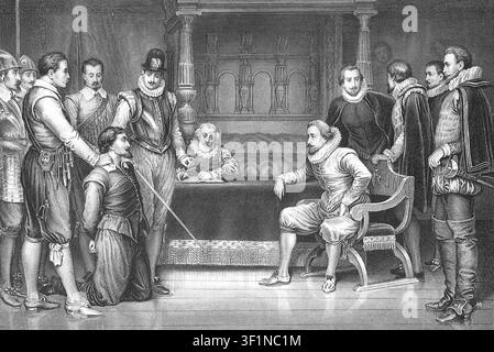 La trama di polvere da sparo, Guy Fawkes inginocchiati davanti al re Giacomo I, 1605 Foto Stock