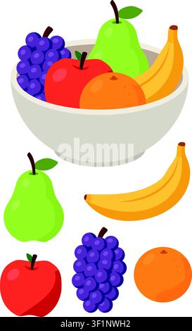 Piatto con illustrazione di frutta fresca assortita Illustrazione Vettoriale