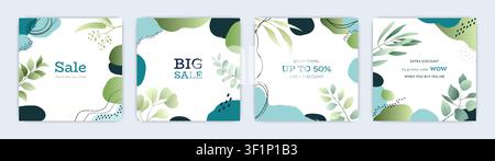 Set di modelli di banner per sconti. Fiori acquerellati minimali, botanici con forme astratte e spazio per il testo per promozioni, design moderno per il marketing sui social media con sconti. Illustrazione vettoriale quadrata isolata Illustrazione Vettoriale