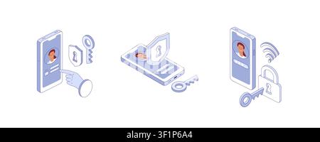 Protezione dell'account privato sui telefoni. Vettore isometrico. Ottimo per blog sulla sicurezza, poster sulla privacy o banner per app sicure. Illustrazione Vettoriale