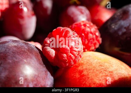 Miscela di frutti di lampone su sfondo nero Foto Stock