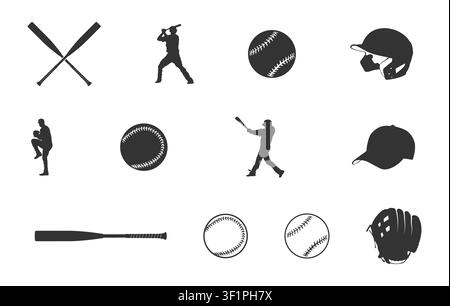 Bundle SVG di baseball, set di silhouette di baseball, set di vettori di baseball, SVG di sport di baseball, silhouette di sport di baseball. Illustrazione Vettoriale