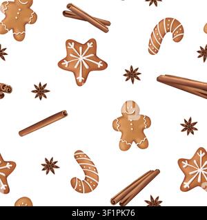 Biscotti di pan di zenzero e motivo natalizio alla cannella, illustrazione disegnata a mano senza cuciture Foto Stock