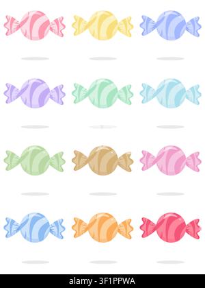 Simpatica raccolta di 12 icone vettoriali di caramelle avvolte in vortici pastello. Dolci minimalisti e lucidi con ombre morbide in una tavolozza colorata. Perfetto per adesivi Illustrazione Vettoriale