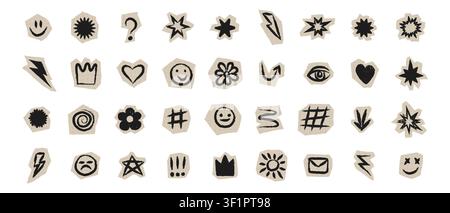 Set di adesivi e elementi ritagliati per collage di scrapbooking; elementi di carta con texture di pennello e matita disegnate a mano; stelle e fulmini per scrapbooking Illustrazione Vettoriale