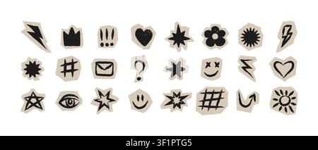 Set di adesivi e elementi ritagliati per collage di scrapbooking; elementi di carta con texture di pennello e matita disegnate a mano; stelle e fulmini per scrapbooking Illustrazione Vettoriale