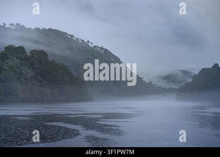 Pioggia mattutina e nebbia sul fiume Pieman a Corinna, Tasmania, Australia. Foto Stock