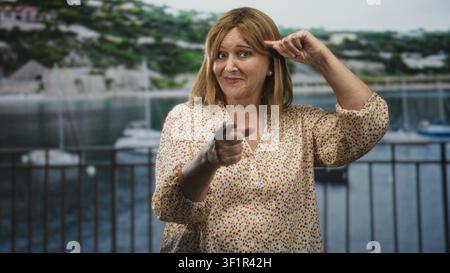 La donna punta il dito verso la macchina fotografica e tocca il tempio con l'altra mano sul balcone di un edificio che si affaccia su un porticciolo; scherzoso scherzo. Foto Stock