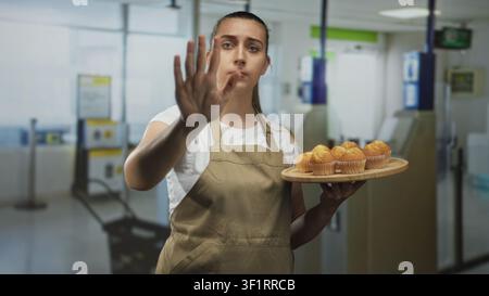 Donna panettiera tiene un vassoio di legno con muffin mentre mostra il palmo della mano in avanti per fermarsi al controllo di sicurezza dell’aeroporto; rifiuto fermo. Foto Stock