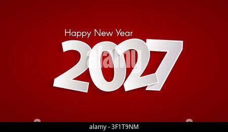 Concetto rosso per un felice anno nuovo 2027 con numeri bianchi ritagliati di carta. Decorazione natalizia e del Capodanno cinese. Biglietto di capodanno o concetto di vendita. Illustrati vettoriale Illustrazione Vettoriale