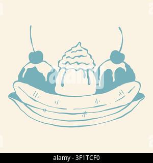 Arte vettoriale doodle di un classico dessert banana split sundae con tre palline di gelato, panna montata e ciliegie. Icona minimalista a contorno blu per Illustrazione Vettoriale