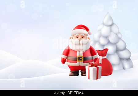 Babbo Natale in 3D con borsa dei regali di Natale nella neve invernale. Albero di pelliccia freddo, personaggio padre allegro. Borsellino rosso legato allegramente, spazio di copia realistico di Natale nella neve Illustrazione Vettoriale