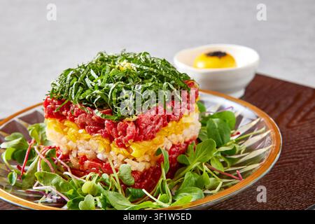 Bibimbap di tartara di manzo coreano bibimbap yukhoe elegantemente stratificato con manzo crudo marinato, riso, verdure fresche e tuorlo d'uovo su un piatto d'oro servito su un wo Foto Stock