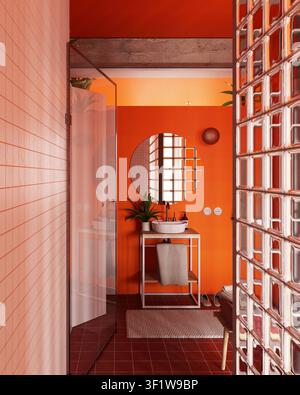 Render 3D verticale di un interno di bagno privato moderno con pareti arancioni audaci. Design contemporaneo con un lavandino bianco a forma di vaso, specchio rotondo e Foto Stock