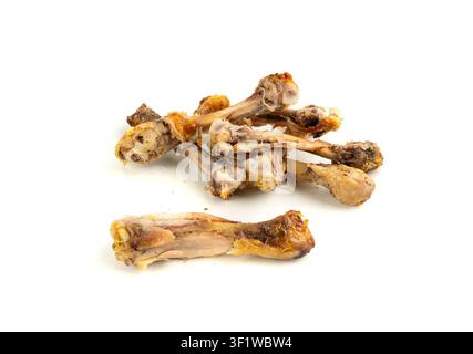 Avanzi di pollo, pollo alla griglia non finito su piatto sporco isolato, pezzi di carne e ossa, ciotola dopo cena, pranzo non consumato su piatto bianco di backgrou Foto Stock