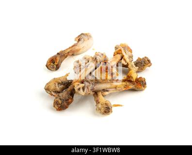 Avanzi di pollo, pollo alla griglia non finito su piatto sporco isolato, pezzi di carne e ossa, ciotola dopo cena, pranzo non consumato su piatto bianco di backgrou Foto Stock