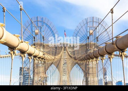 La sezione pedonale del ponte di Brooklyn a New York City è vuota di persone durante il giorno Foto Stock